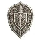 An abstract representation of a knight's shield incorporating coffee beans and animal silhouettes tattoo design idea