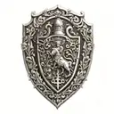 An abstract representation of a knight's shield incorporating coffee beans and animal silhouettes tattoo design idea