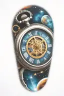 A mechanical pocket watch with intricate stars, planets, galaxies tattoo design idea