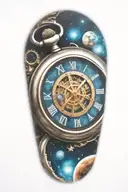 A mechanical pocket watch with intricate stars, planets, galaxies tattoo design idea