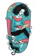alice in wonderland reading a book with a cup of coffee and a poodle dog tattoo design idea