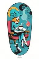 alice in wonderland reading a book with a cup of coffee and a poodle dog tattoo design idea