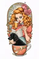 alice in wonderland reading a book with a cup of coffee and a poodle dog tattoo design idea