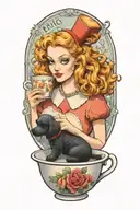 alice in wonderland reading a book with a cup of coffee and a poodle dog tattoo design idea