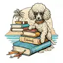 A Poodle perched on a stack of books, with a beach scene in the background and a poodle peeking out from behind tattoo design idea