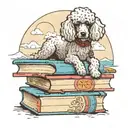 A Poodle perched on a stack of books, with a beach scene in the background and a poodle peeking out from behind tattoo design idea