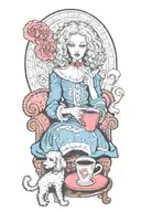 alice in wonderland reading a book with a cup of coffee and a poodle dog tattoo design idea