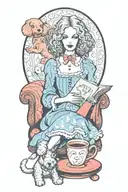 alice in wonderland reading a book with a cup of coffee and a poodle dog tattoo design idea
