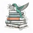 A hummingbird perched on a stack of books, with a beach scene in the background and a poodle peeking out from behind tattoo design idea