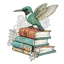 A hummingbird perched on a stack of books, with a beach scene in the background and a poodle peeking out from behind tattoo design idea