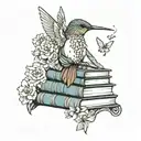 A hummingbird perched on a stack of books, with a beach scene in the background and a poodle peeking out from behind tattoo design idea