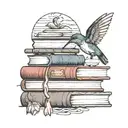 A hummingbird perched on a stack of books, with a beach scene in the background and a poodle peeking out from behind tattoo design idea
