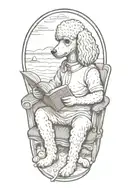 A Poodle reading a book with a cup of coffee on the beach tattoo design idea