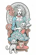 alice in wonderland reading a book with a cup of coffee and a poodle dog tattoo design idea