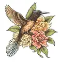 A poodle and a hummingbird sharing a peony flower as a symbol of harmony and beauty tattoo design idea