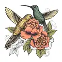 A poodle and a hummingbird sharing a peony flower as a symbol of harmony and beauty tattoo design idea