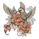 A poodle and a hummingbird sharing a peony flower as a symbol of harmony and beauty tattoo design idea