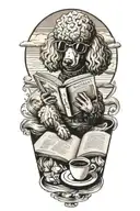 A Poodle reading a book with a cup of coffee on the beach tattoo design idea