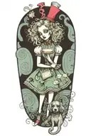alice in wonderland holding a poodle dog with a cup of coffee reading a book   tattoo design idea