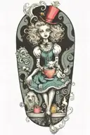alice in wonderland holding a poodle dog with a cup of coffee reading a book   tattoo design idea
