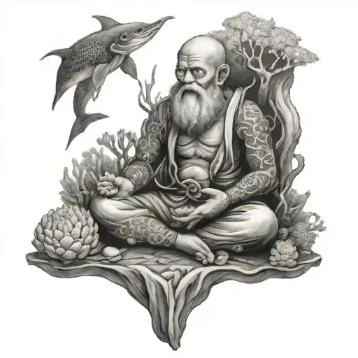 A serene image of a meditation master deep sea diving among vibrant coral reefs tattoo design idea