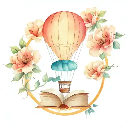 hot air balloon floating With books growing as flowers tattoo design idea