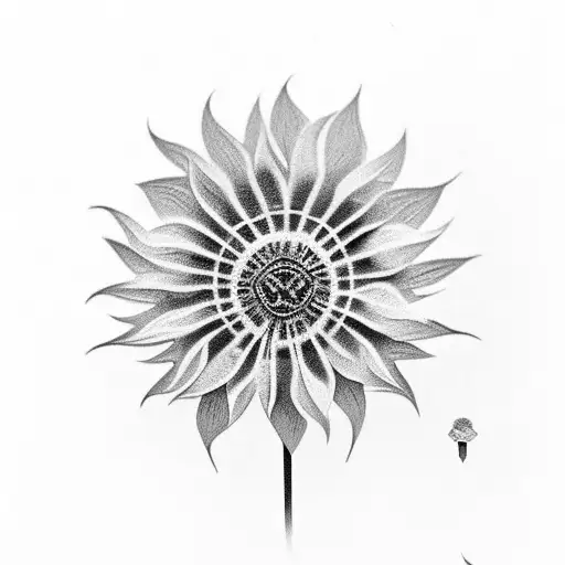 An intricate black and grey dandelion flower with geometric patterns incorporated tattoo design idea