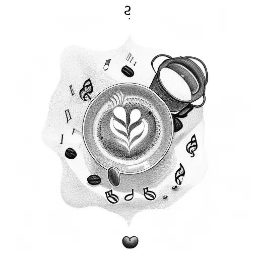 A music-themed tattoo featuring a beach setting with a coffee cup and various fruits scattered around, symbolizing relaxation and enjoyment tattoo design idea