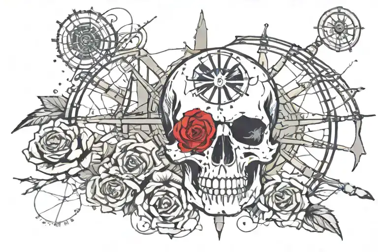 skull rose flag and ship wheel tattoo design idea