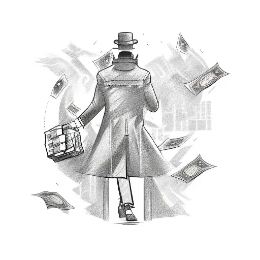 A sketch style tattoo of a mysterious figure in a trench coat holding a briefcase with stacks of money spilling out, surrounded by shadowy figures tattoo design idea