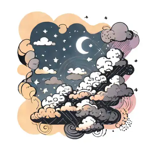 Twilight Sky: A gradient sky with stars. Central Figure: A human figure lying on the clouds. Clouds: Realistic clouds wi tattoo design idea