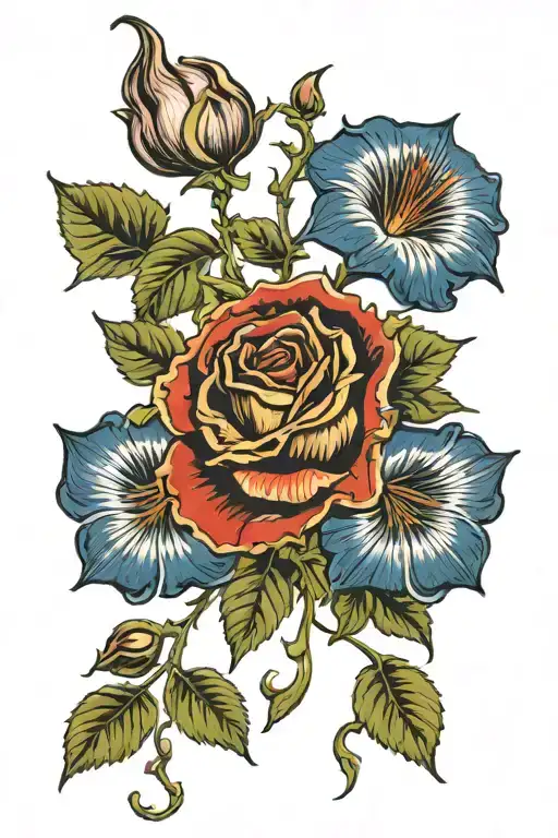 hades bident wrapped in morning glory flowers tattoo design idea