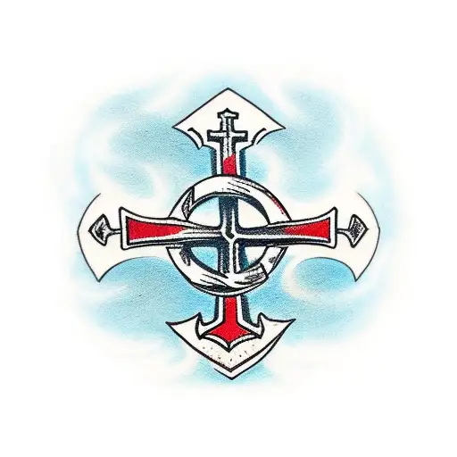 old Germanic cross with a little red wooden truck and an anchor  tattoo design idea