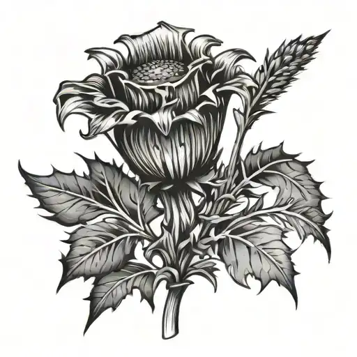 A thistle flower with a medieval armor glove tattoo design idea