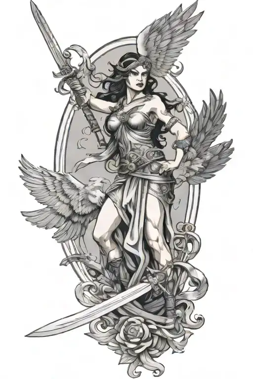 A unique design combining Georgian and Greek motifs, such as a belligerent goddess woman wielding a sword with an eagle  tattoo design idea