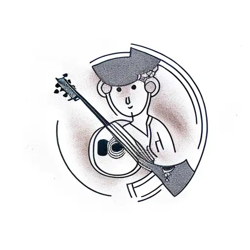 A silhouette of a person playing guitar with a camera lens as the sound hole. tattoo design idea