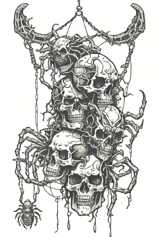 Demons, spiders hanging from skull tattoo design idea