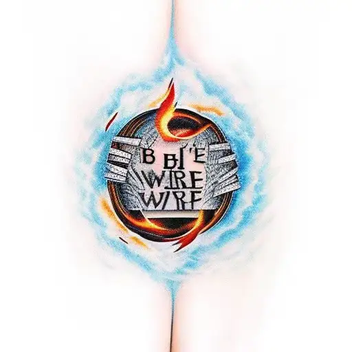 tattoo design with lyrics we didn't start the fire, the world's been burning since the world's been turning tattoo design idea