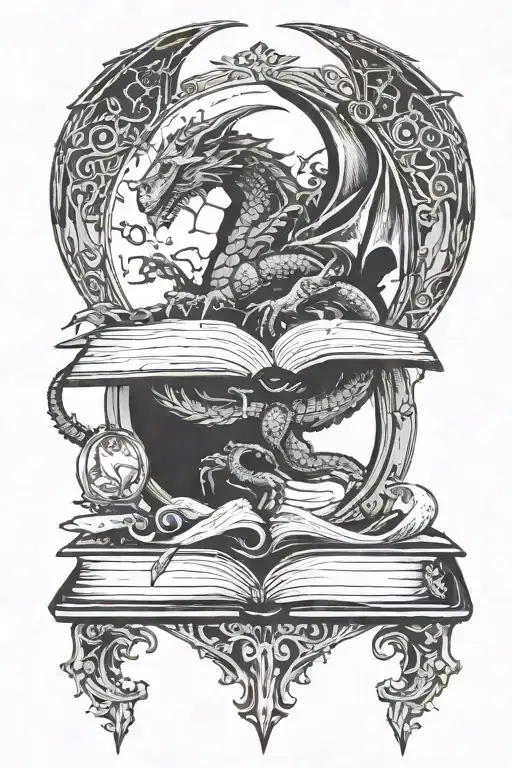 delicate, with dragon silhouettes, books, a crescent moon, and elements of D&D tattoo design idea