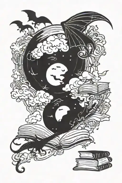 delicate, books, a large crescent moon, small dragon silhouettes flying away tattoo design idea