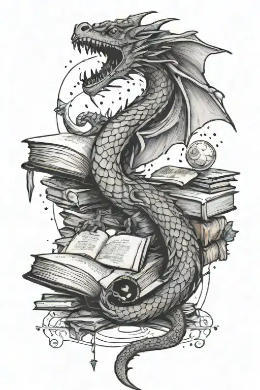 Forearm tattoo, delicate, with dragon silhouettes, books, a crescent moon, and elements of D&D tattoo design idea