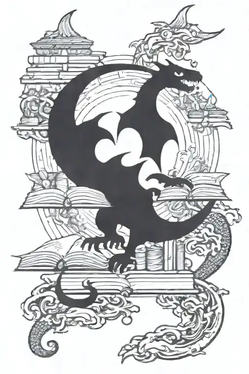 books, a large crescent moon, small dragon silhouettes flying tattoo design idea