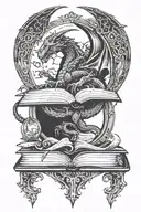 delicate, with dragon silhouettes, books, a crescent moon, and elements of D&D tattoo design idea