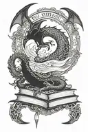 delicate, with dragon silhouettes, books, a crescent moon, and elements of D&D tattoo design idea