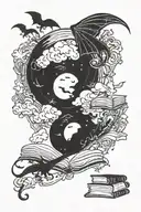 delicate, books, a large crescent moon, small dragon silhouettes flying away tattoo design idea