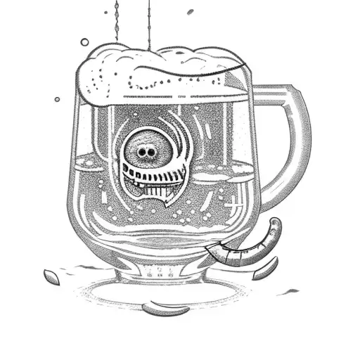 A detailed sketch of an alien brewing beer in a laboratory with a classic American glass tattoo design idea