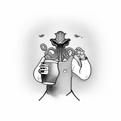 A farmer holding a beer mug with an alien crop growing behind him tattoo design idea