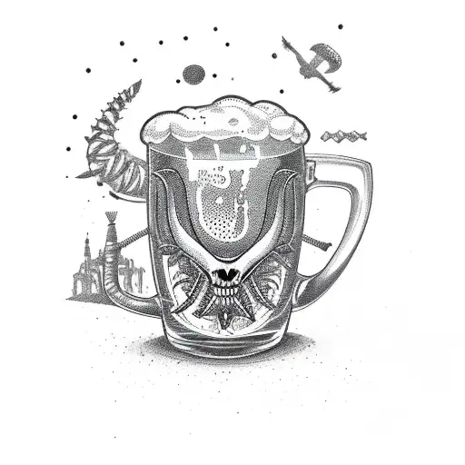 A dotwork design featuring a beer mug with an alien face and agricultural tools surrounding it tattoo design idea