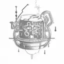A detailed sketch of an alien brewing beer in a laboratory with a classic American glass tattoo design idea