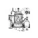 A detailed sketch of an alien brewing beer in a laboratory with a classic American glass tattoo design idea